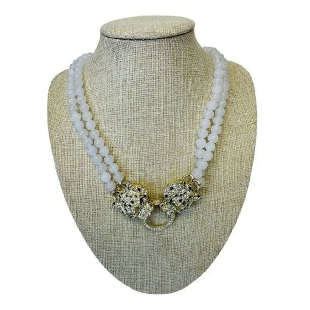 Eye Candy Los‎ Angeles Agate Double Panther Head Crystal Pave Necklace Gold Tone